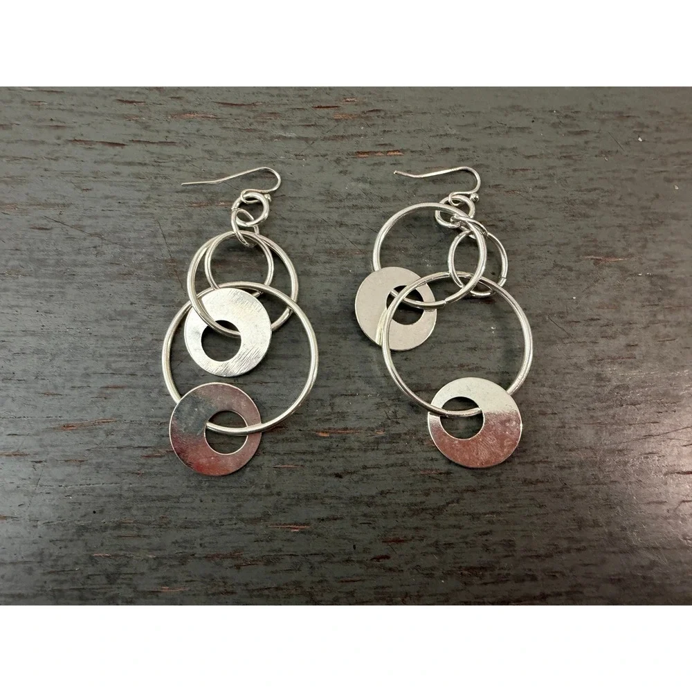 Silver Tone Multi Circle Geometric Dangle Drop Earrings Modernist Tiered Disc